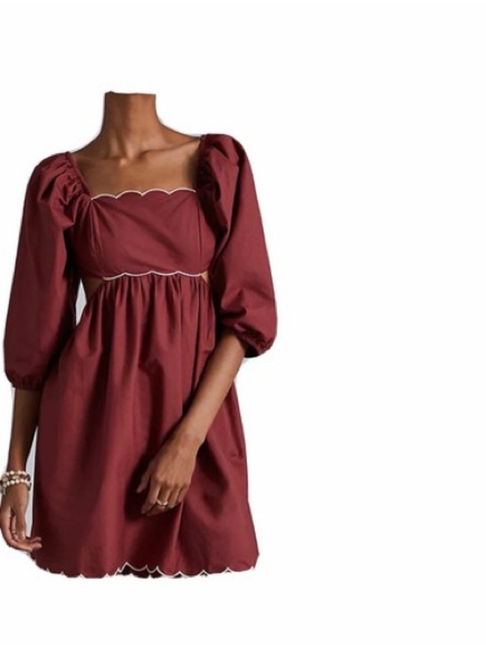 Anthropologie Burgundy Puff-Sleeve Scallop-Trim Mini Dress